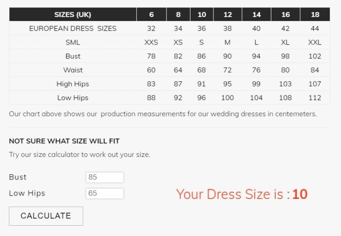 Wedding dress size calculator